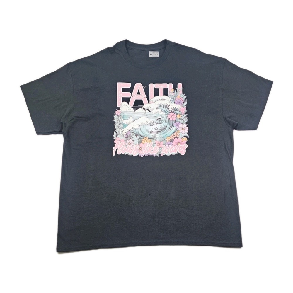 Faith Flowes Like Waves Beach Water Flower Black Shirt Size 2x Colorful Fun